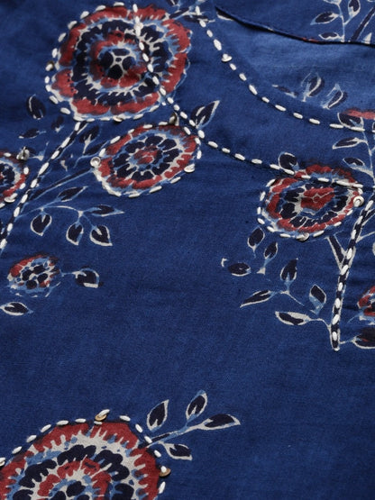 Women's Navy Blue Printed Cotton Kurta Set With Dupatta