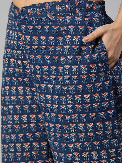 Women's Navy Blue Printed Cotton Kurta Set With Dupatta