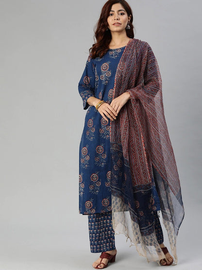 Women's Navy Blue Printed Cotton Kurta Set With Dupatta