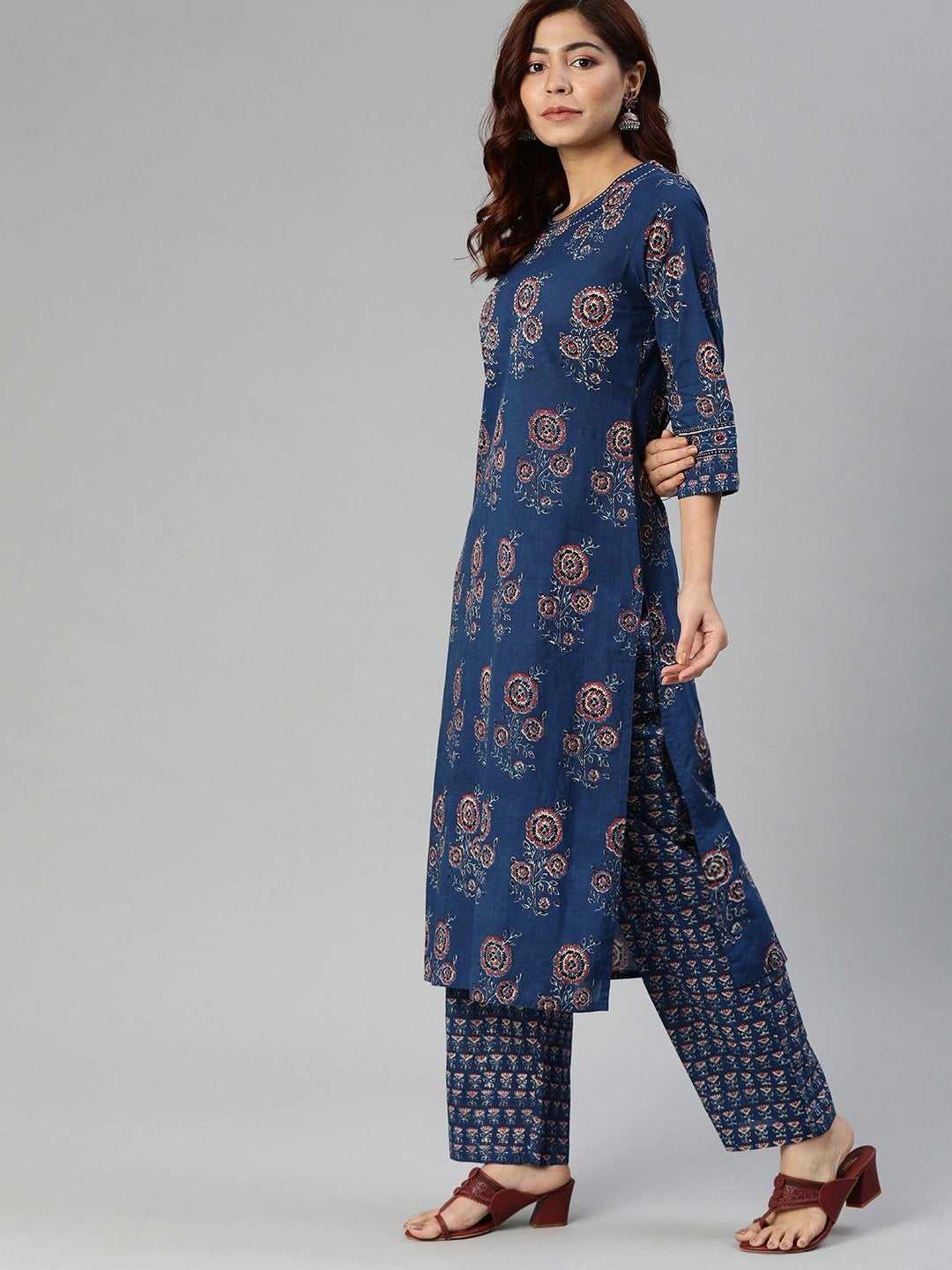 Women's Navy Blue Printed Cotton Kurta Set With Dupatta