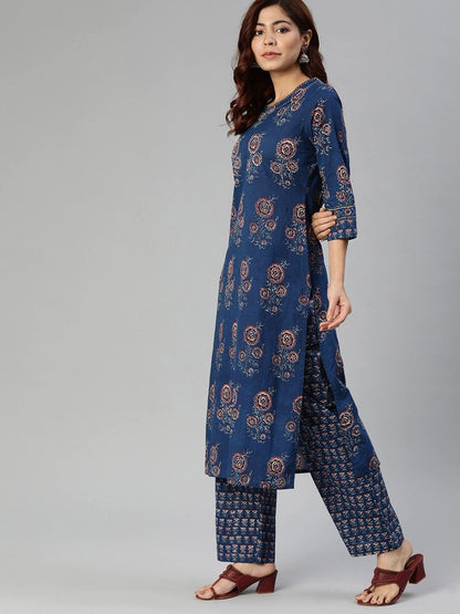 Women's Navy Blue Printed Cotton Kurta Set With Dupatta