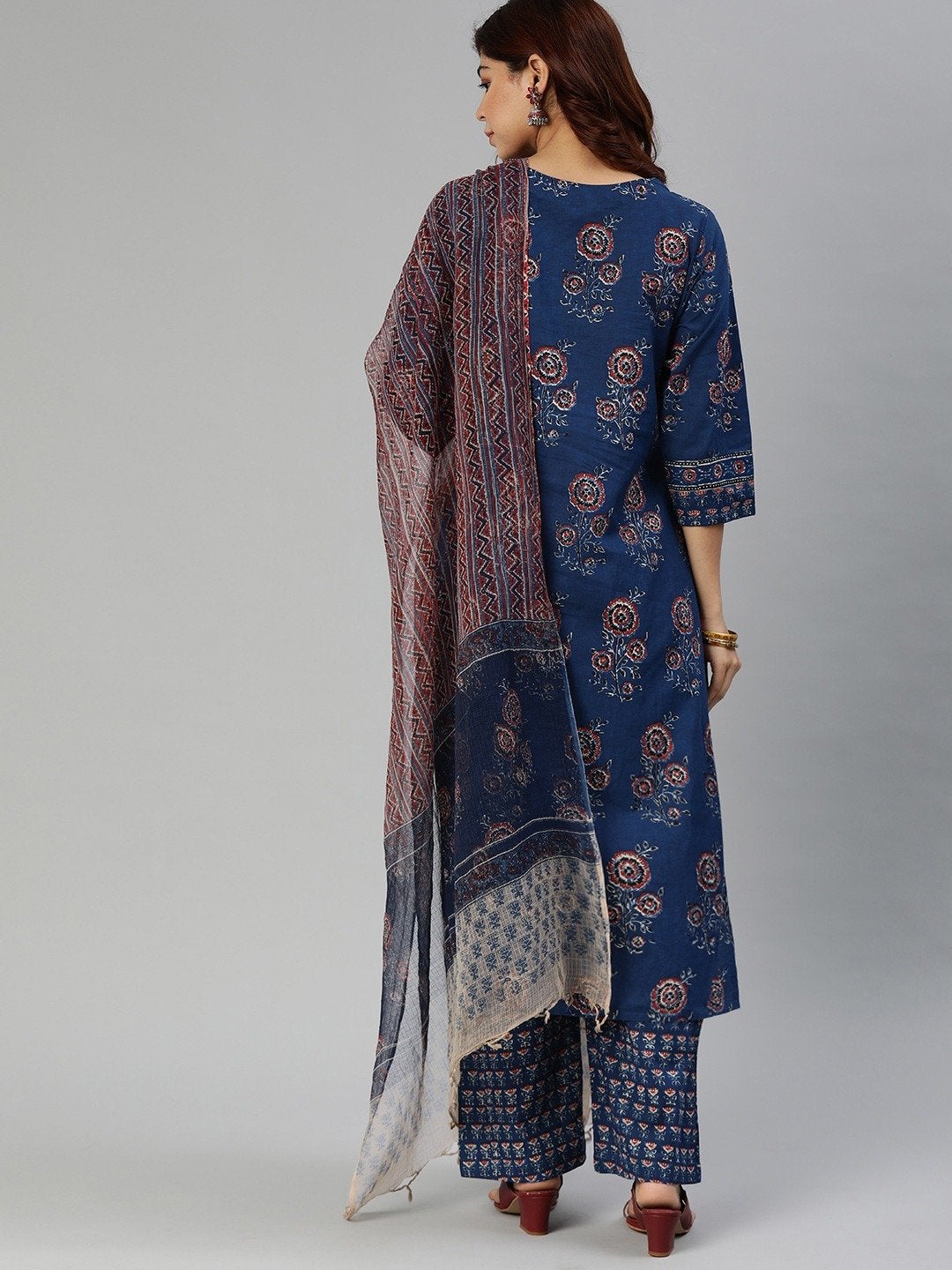 Women's Navy Blue Printed Cotton Kurta Set With Dupatta