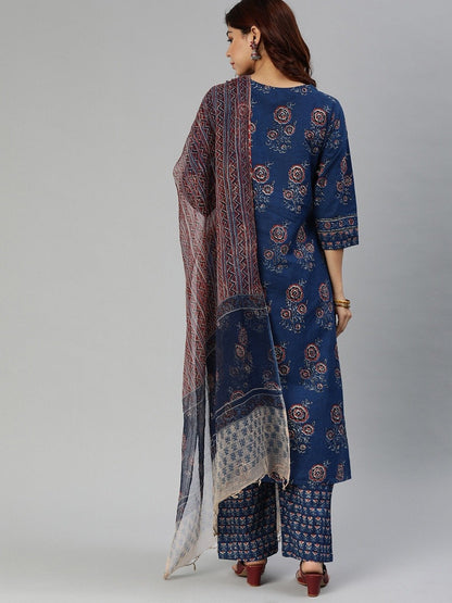 Women's Navy Blue Printed Cotton Kurta Set With Dupatta