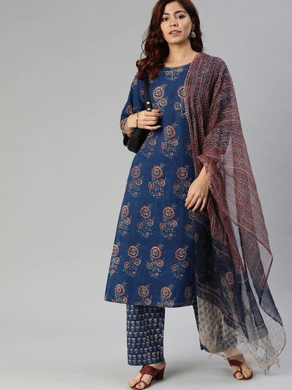 Women's Navy Blue Printed Cotton Kurta Set With Dupatta