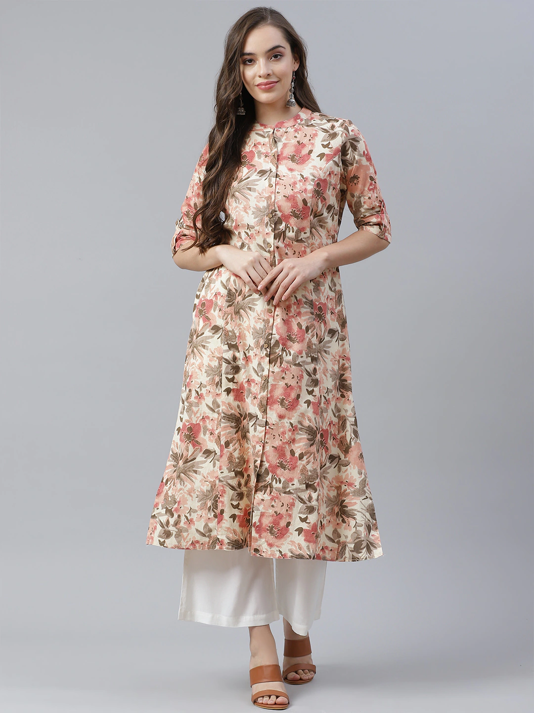 Women's Cream Cotton Floral Print Kurta