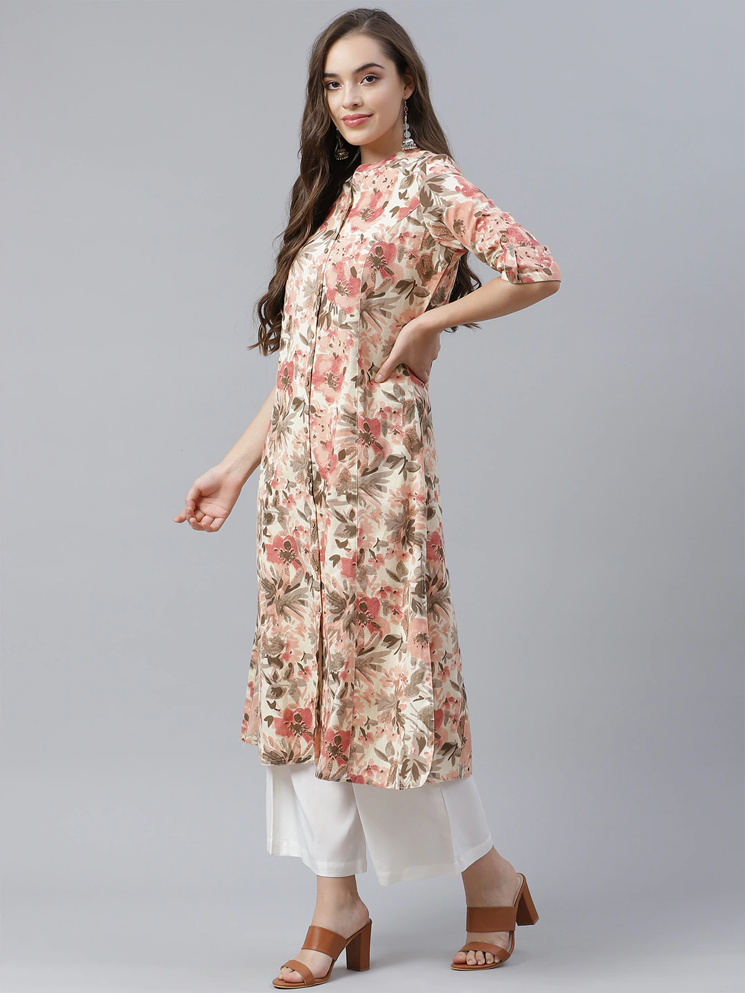 Women's Cream Cotton Floral Print Kurta