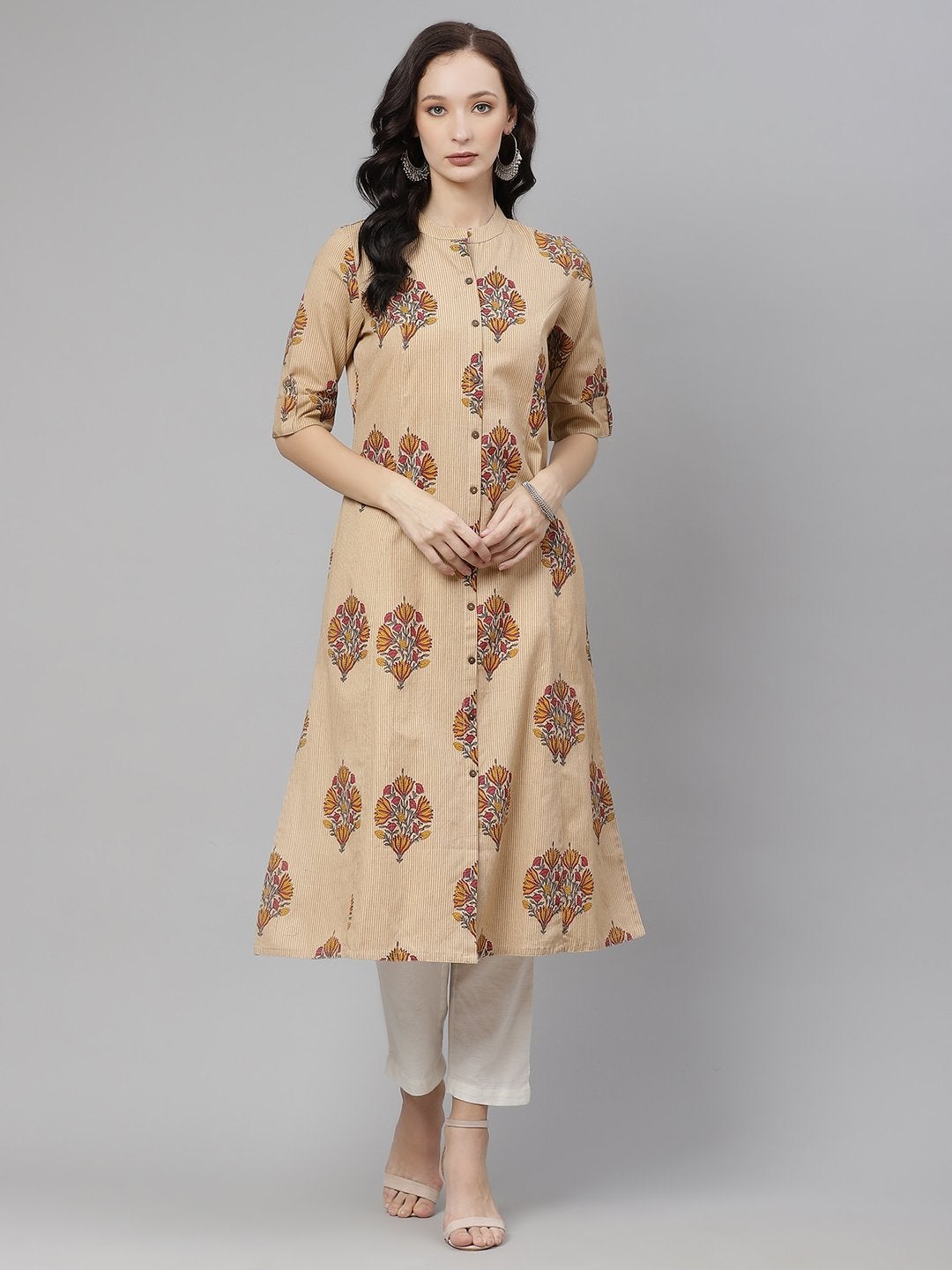 Women's Beige Color Cotton Printed A-line kurta