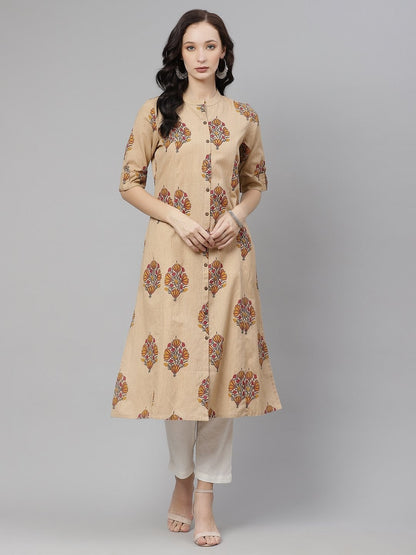 Women's Beige Color Cotton Printed A-line kurta