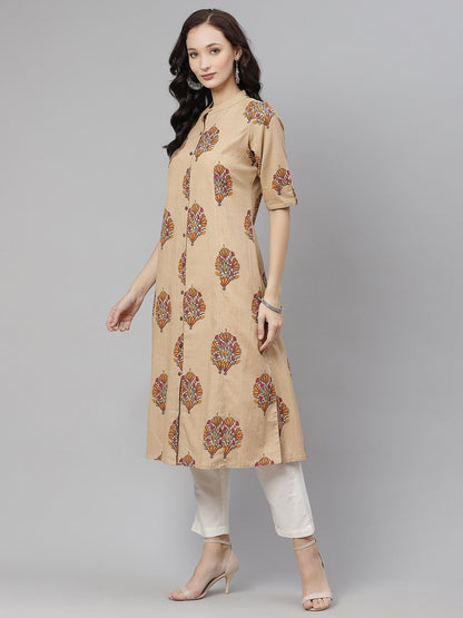 Women's Beige Color Cotton Printed A-line kurta