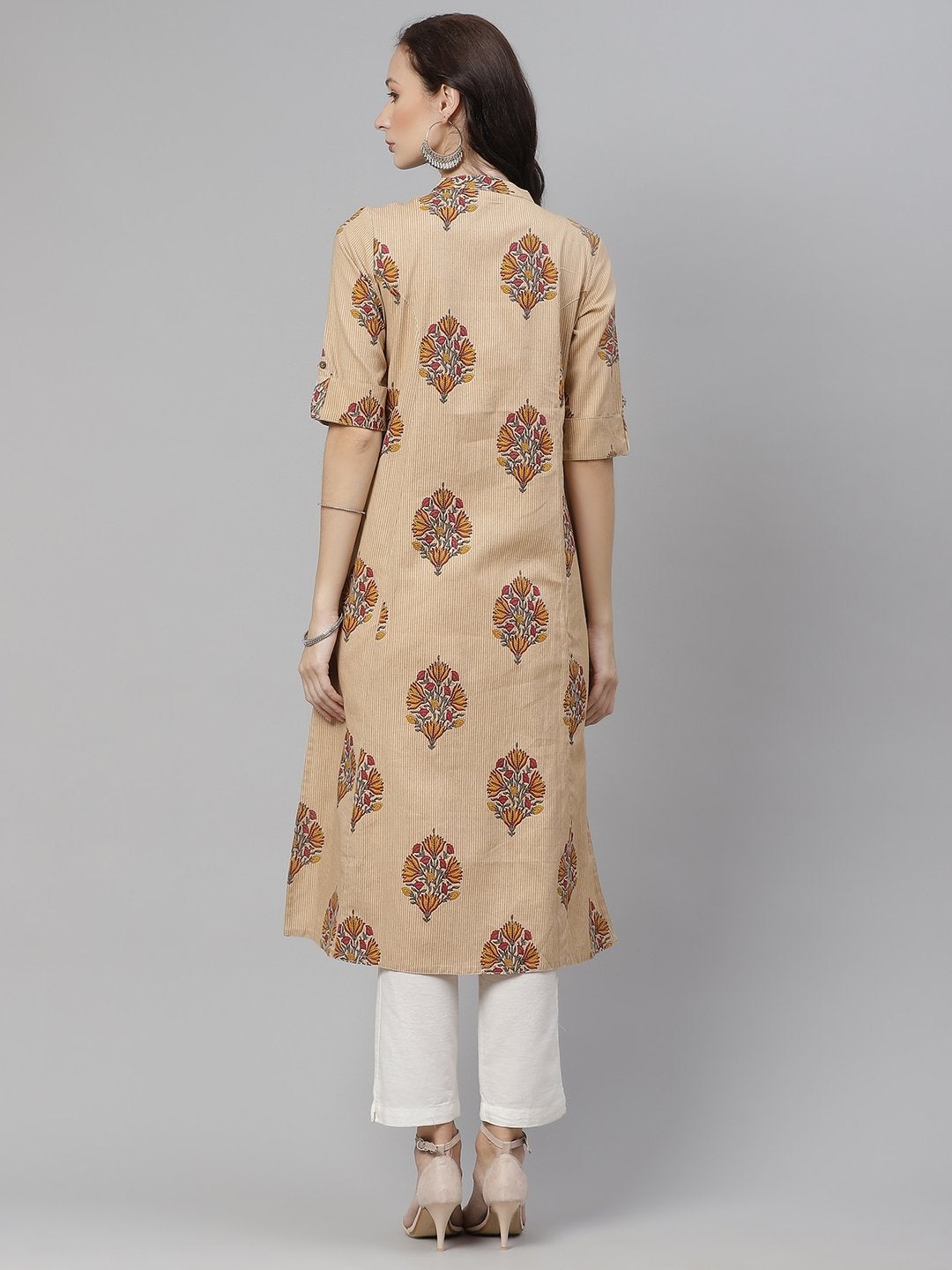 Women's Beige Color Cotton Printed A-line kurta