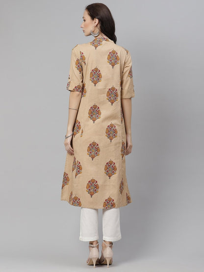 Women's Beige Color Cotton Printed A-line kurta