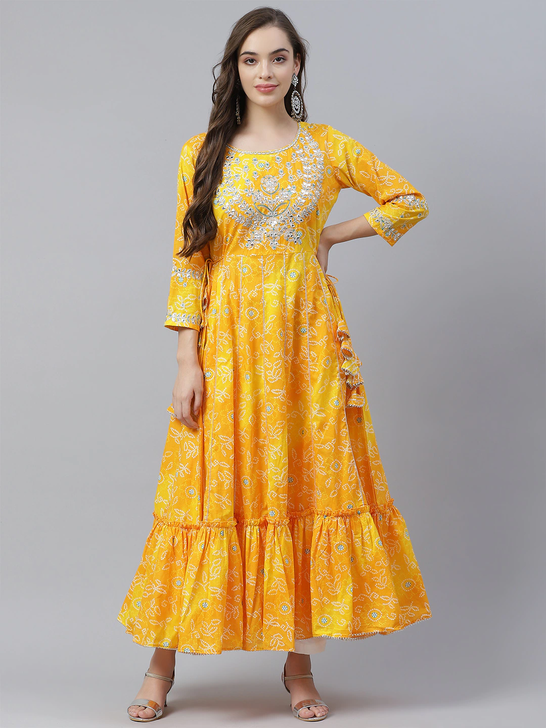 Women's The Dressify Yellow Cotton Flared Gota Work Bandhani Kurta