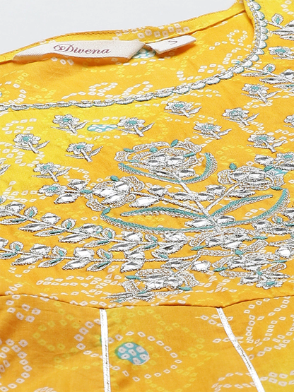 Women's The Dressify Yellow Cotton Flared Gota Work Bandhani Kurta