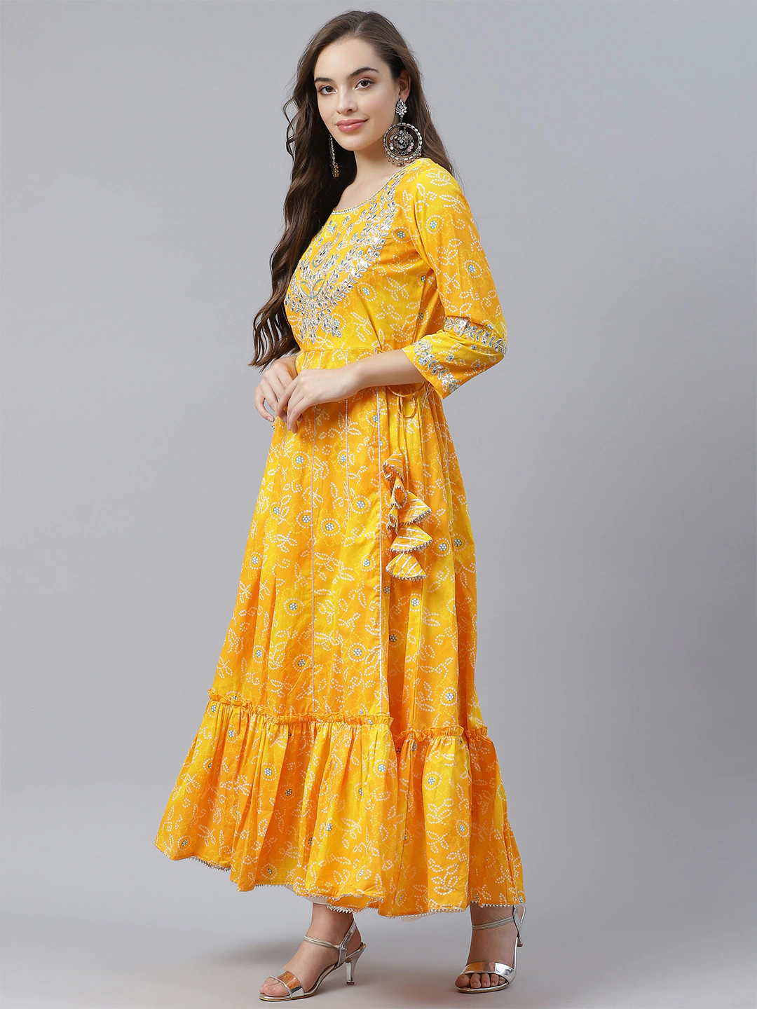 Women's The Dressify Yellow Cotton Flared Gota Work Bandhani Kurta