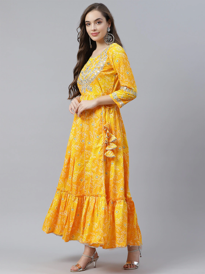 Women's The Dressify Yellow Cotton Flared Gota Work Bandhani Kurta