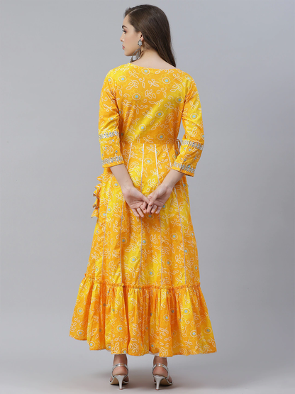Women's The Dressify Yellow Cotton Flared Gota Work Bandhani Kurta
