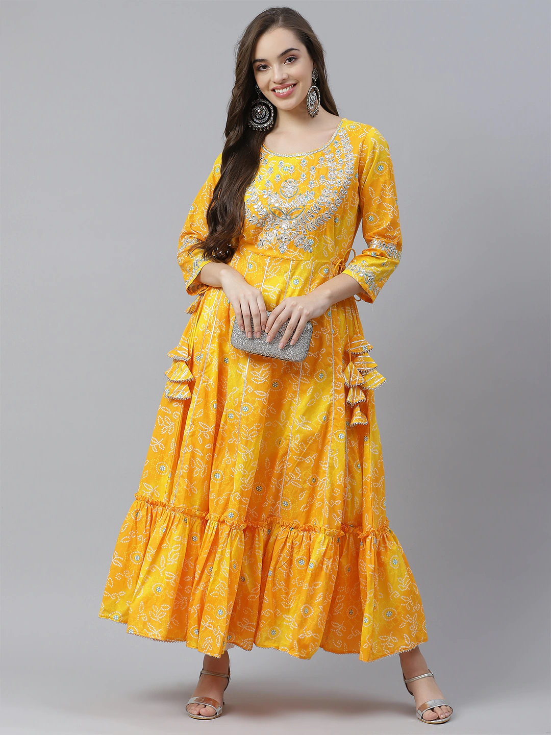 Women's The Dressify Yellow Cotton Flared Gota Work Bandhani Kurta