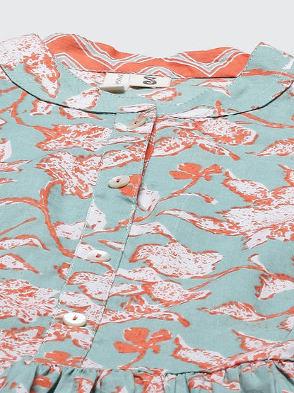Women's Green Floral Print Flared Short Top