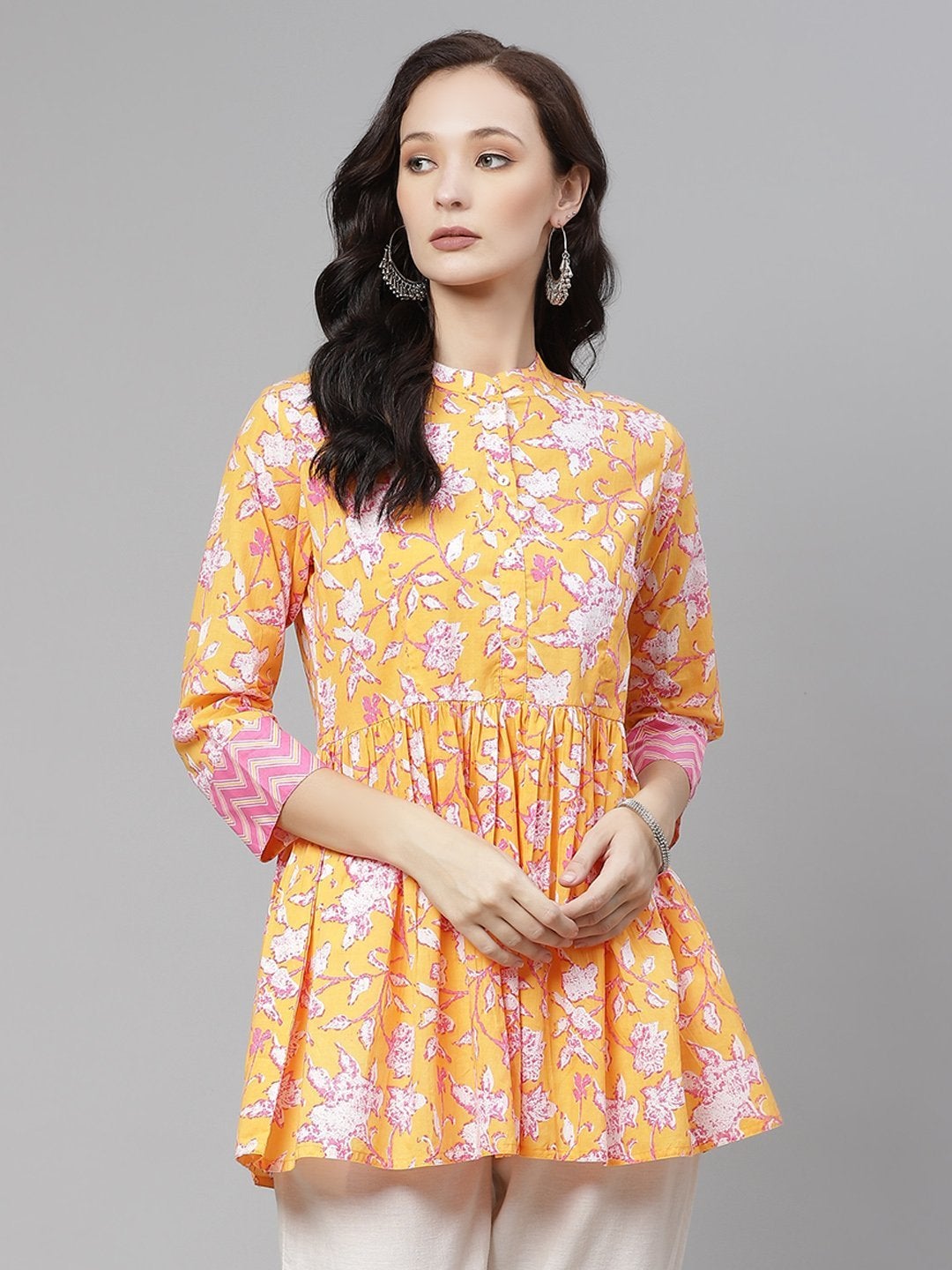 Women's Mustard Floral Print Flared Short Top