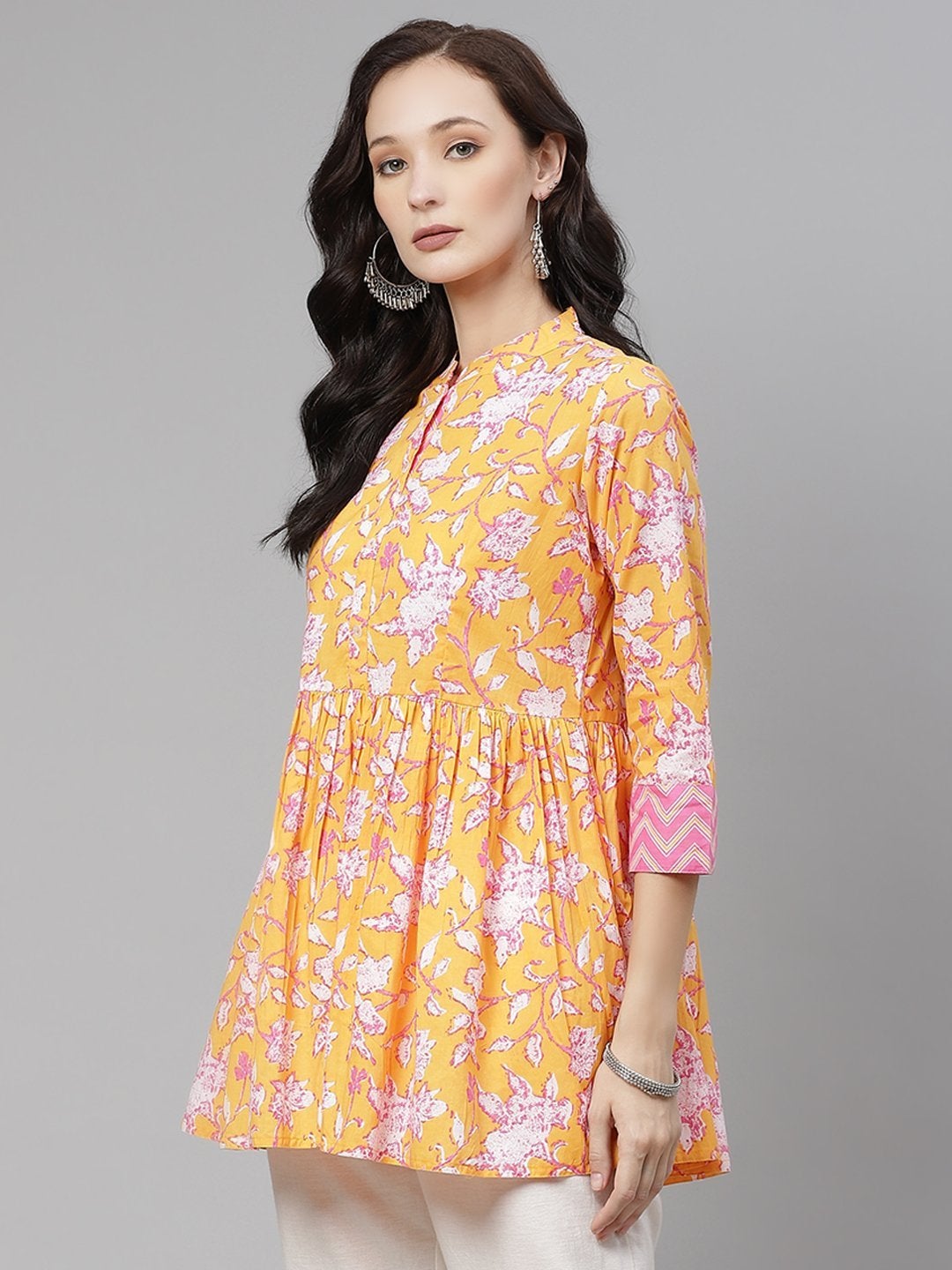 Women's Mustard Floral Print Flared Short Top