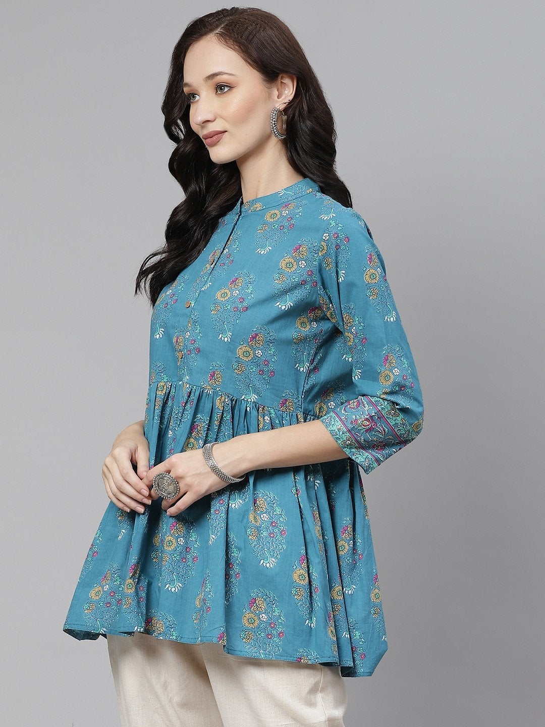 Women's Teal Floral Print Top