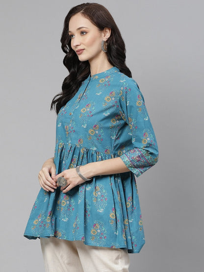 Women's Teal Floral Print Top