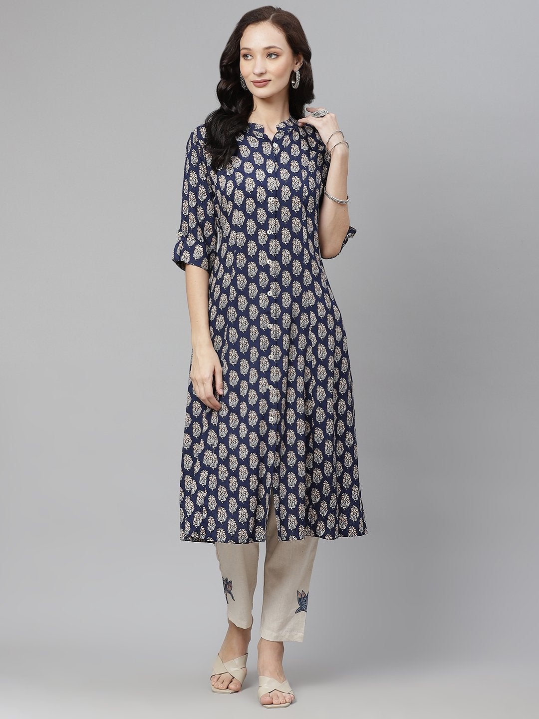 Women's Indigo Blue Buti Print A-line Rayon kurta