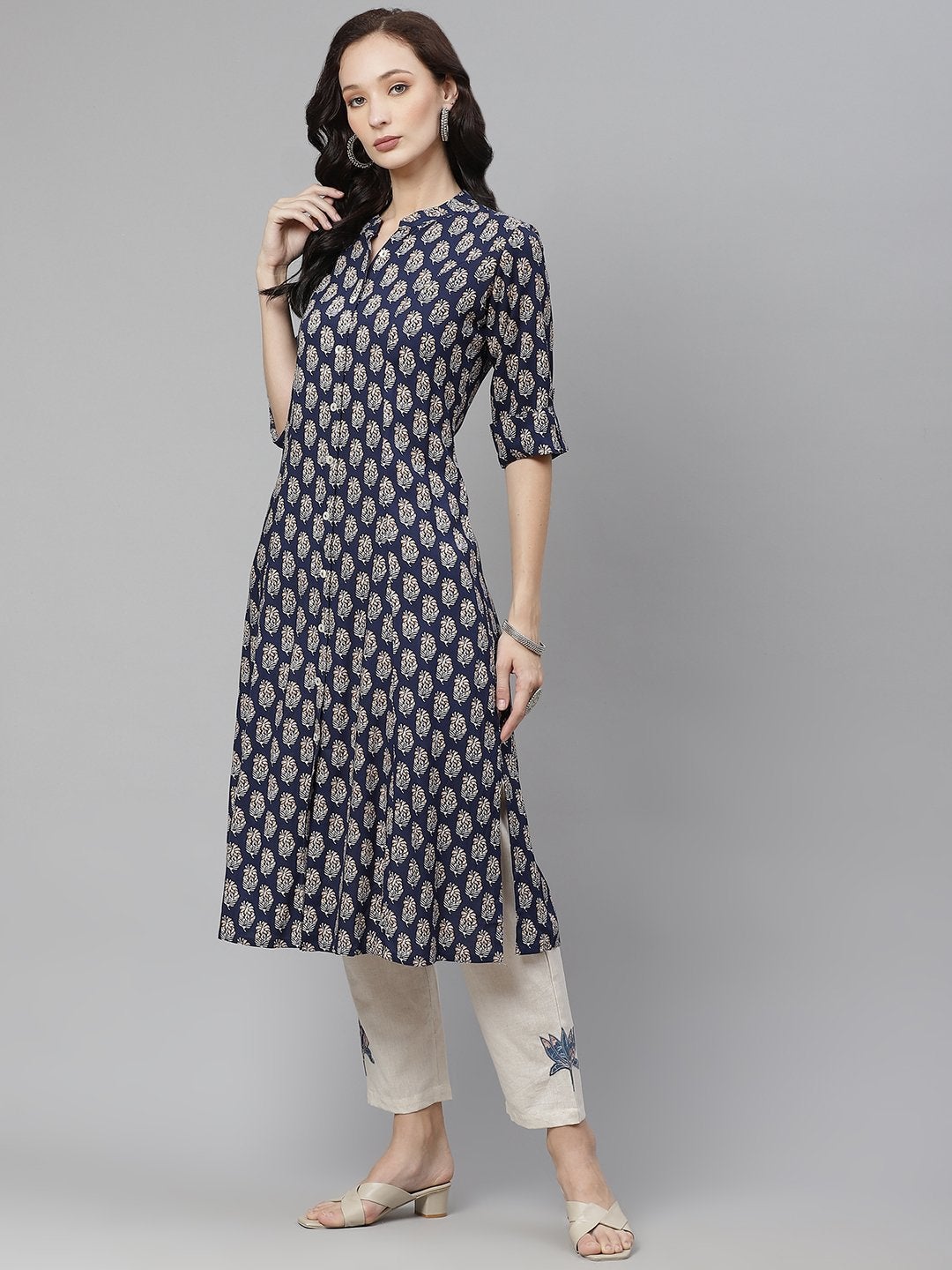 Women's Indigo Blue Buti Print A-line Rayon kurta