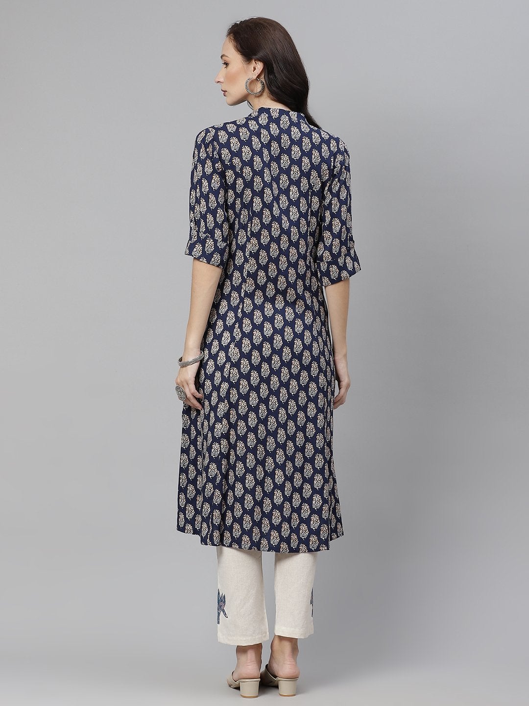 Women's Indigo Blue Buti Print A-line Rayon kurta