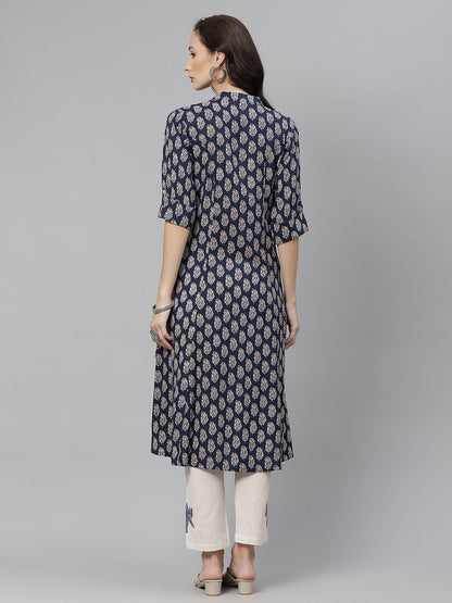 Women's Indigo Blue Buti Print A-line Rayon kurta