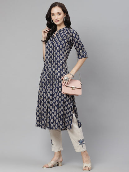Women's Indigo Blue Buti Print A-line Rayon kurta