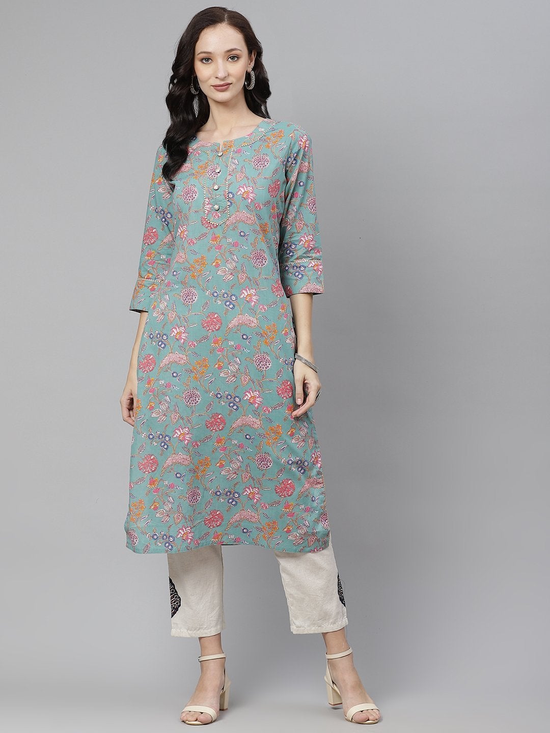 Women's Green Printed Straight Cotton Kurta