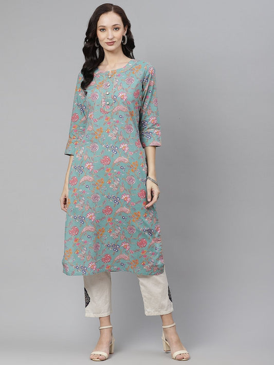 Women's Green Printed Straight Cotton Kurta