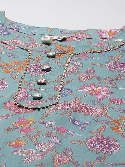 Women's Green Printed Straight Cotton Kurta