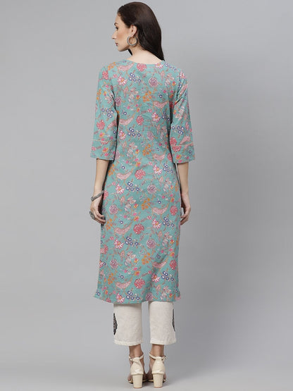 Women's Green Printed Straight Cotton Kurta