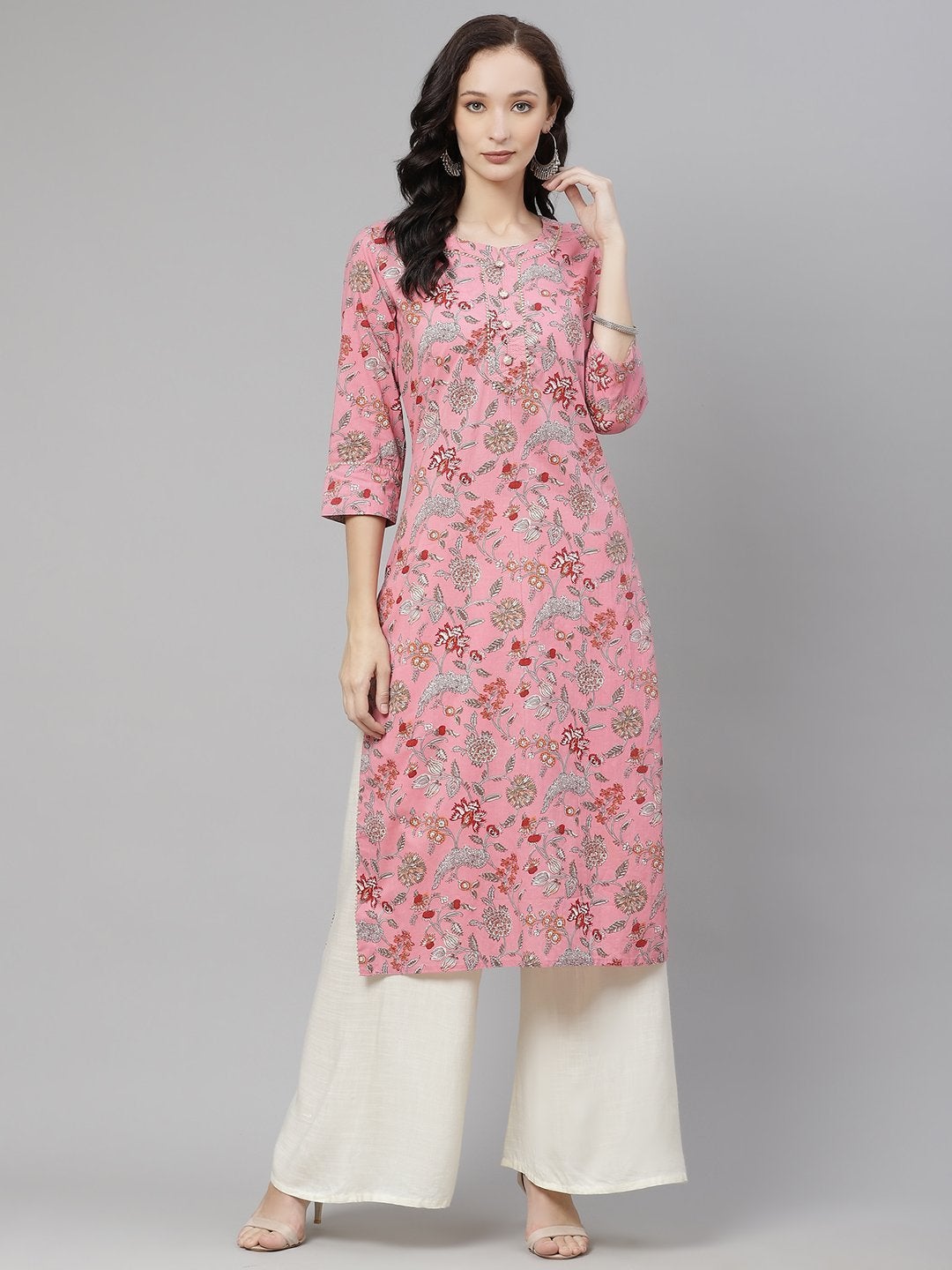 Women's Pink Printed Straight Cotton Kurta