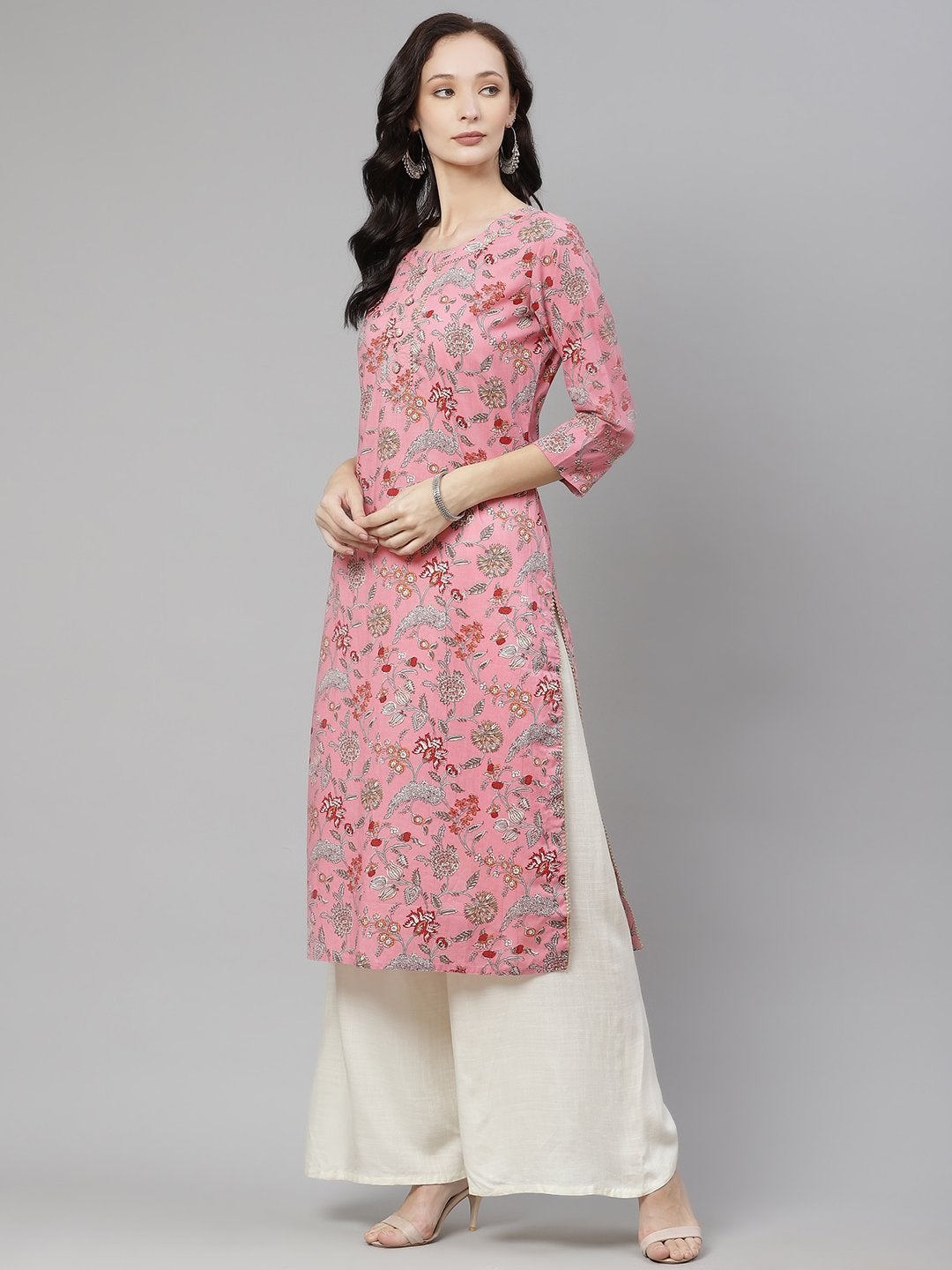 Women's Pink Printed Straight Cotton Kurta