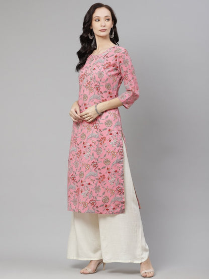 Women's Pink Printed Straight Cotton Kurta