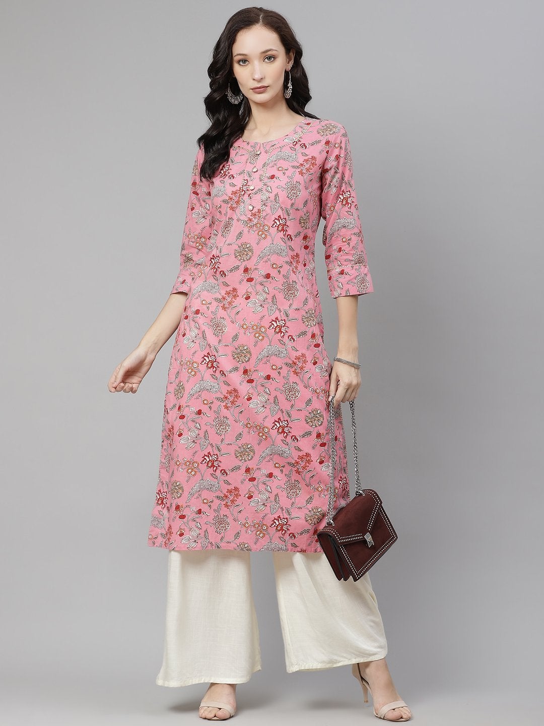Women's Pink Printed Straight Cotton Kurta