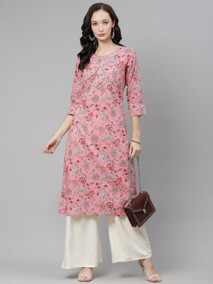 Women's Pink Printed Straight Cotton Kurta