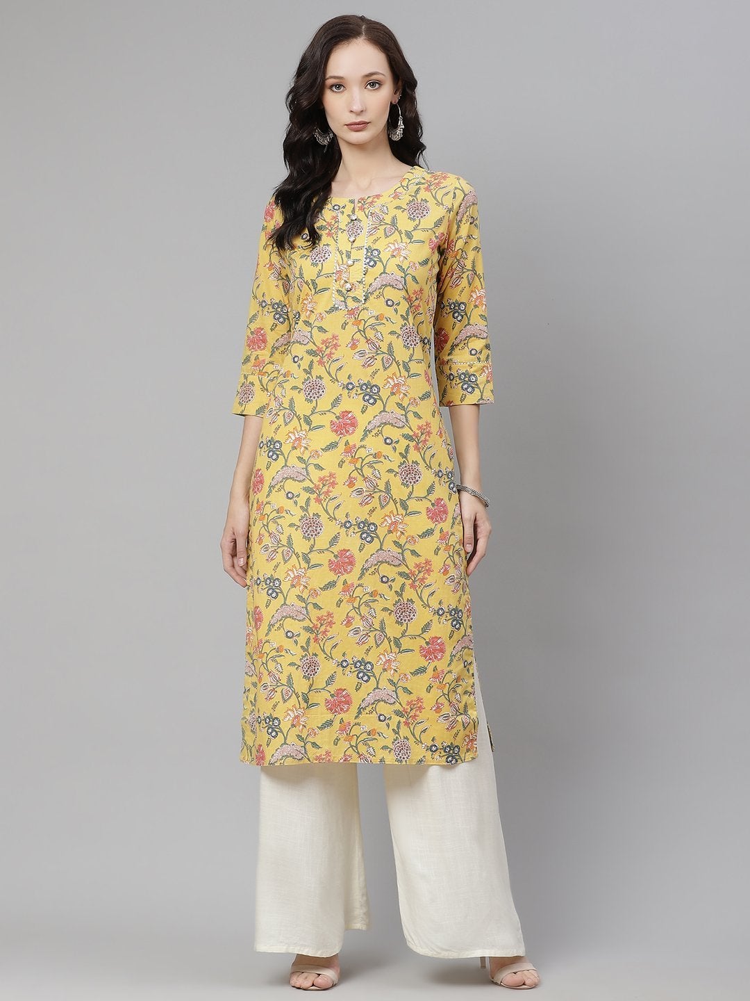 Women's The Dressify Yellow Printed Straight Cotton Kurta