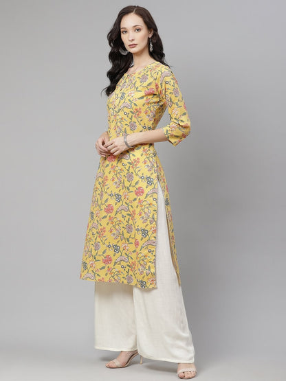 Women's The Dressify Yellow Printed Straight Cotton Kurta