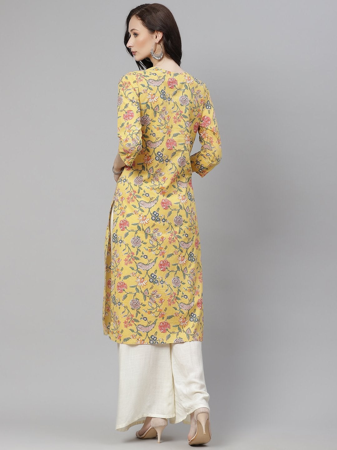 Women's The Dressify Yellow Printed Straight Cotton Kurta
