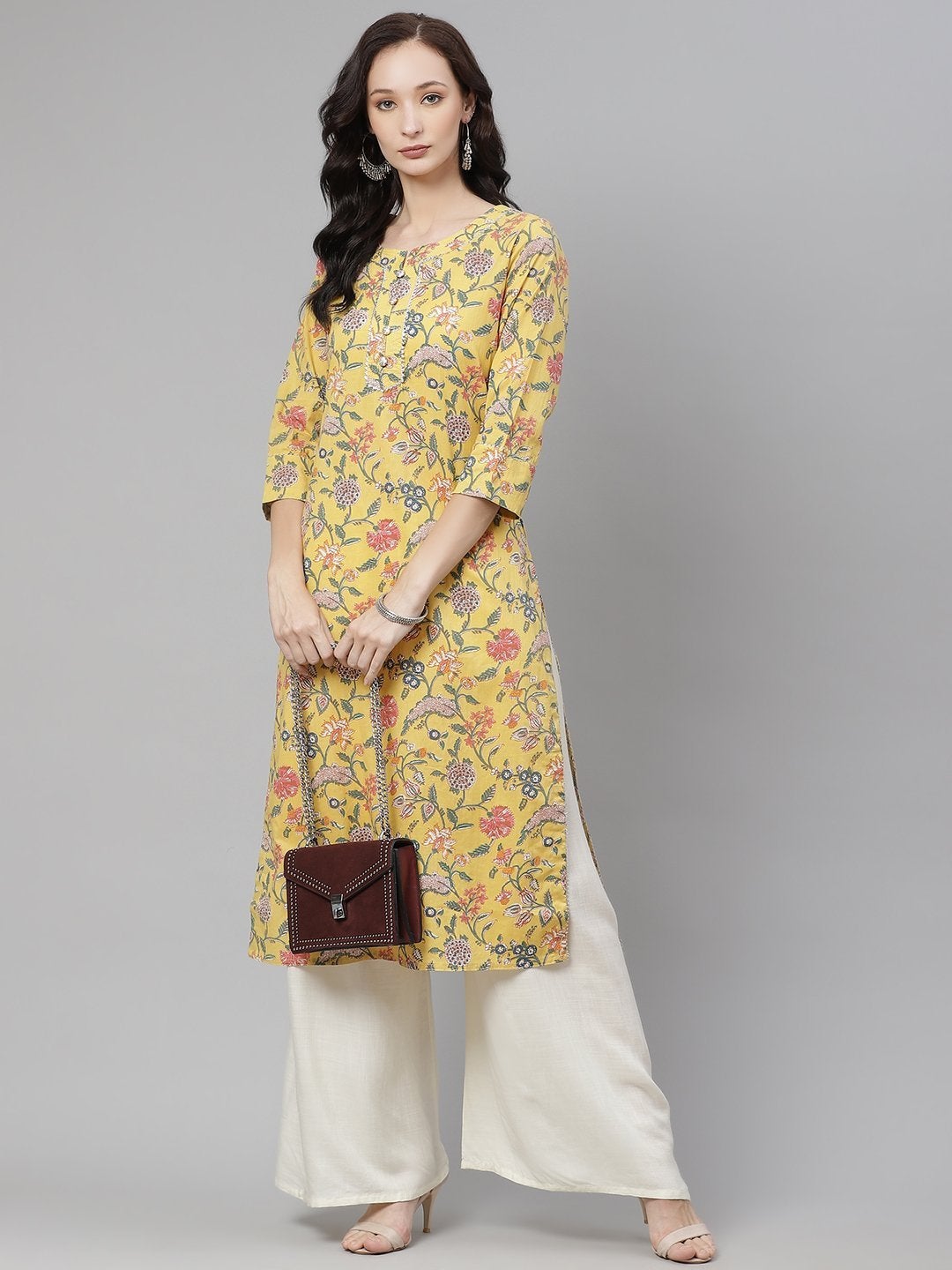Women's The Dressify Yellow Printed Straight Cotton Kurta