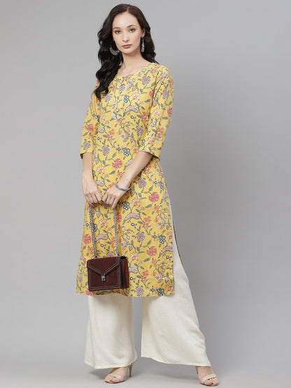 Women's The Dressify Yellow Printed Straight Cotton Kurta