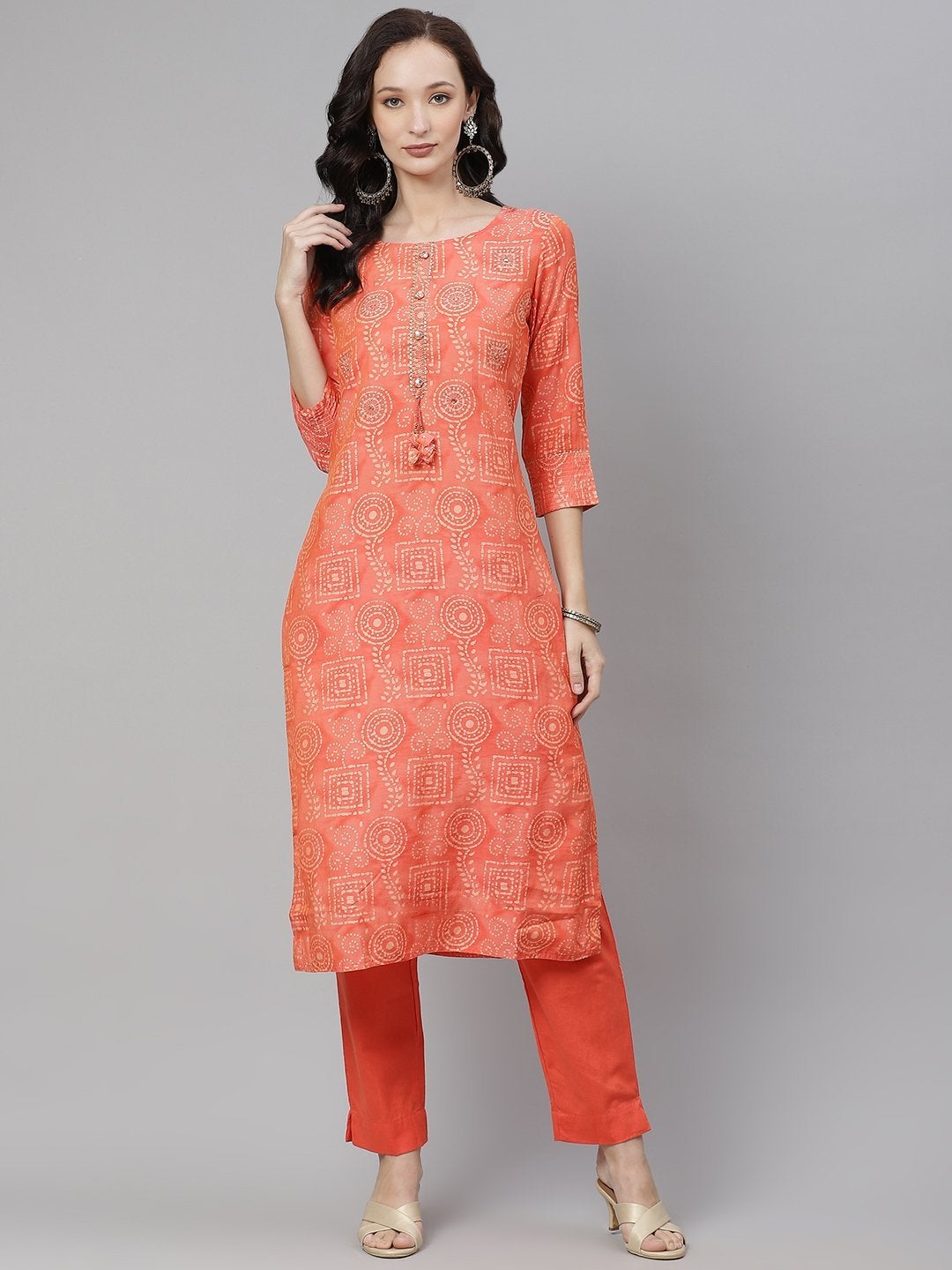Women's Peach Muslin Kurta And Cotton Pant Set