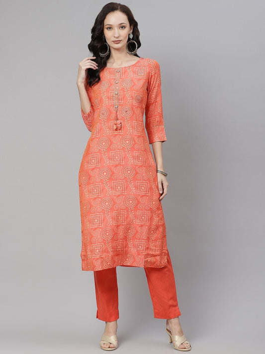 Women's Peach Muslin Kurta And Cotton Pant Set