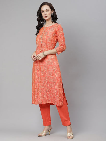 Women's Peach Muslin Kurta And Cotton Pant Set