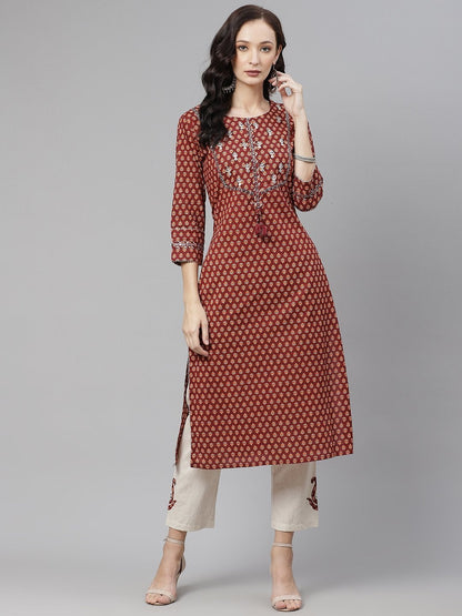 Women's Maroon Buti Print Straight Kurta With Cotton Pants
