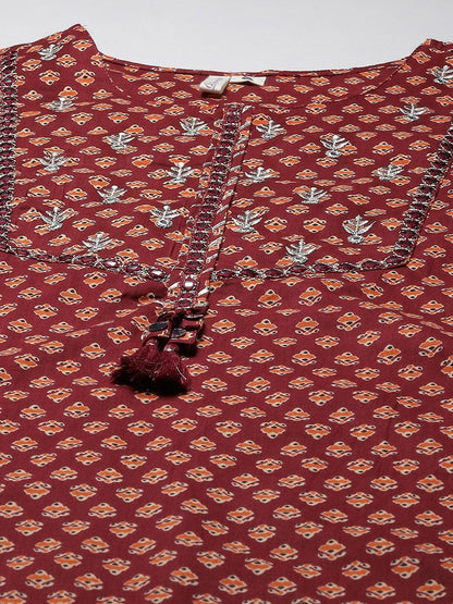 Women's Maroon Buti Print Straight Kurta With Cotton Pants